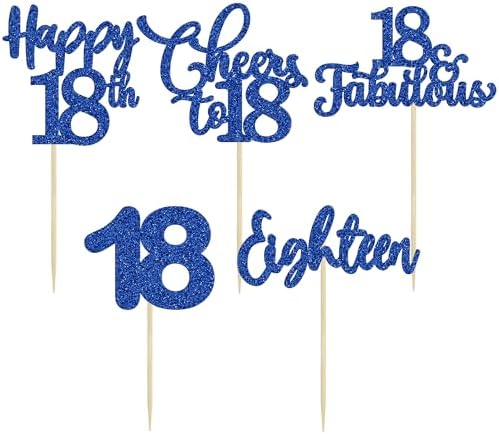 30 Pack Happy 18th Birthday Cupcake Toppers Dark Blue Glitter 18 Fabulous Cheers to 18 Years Old Birthday Cupcake Picks for Happy 18th Anniversary Party Cake Decorations