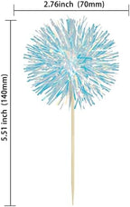 Ephlyn 30Pcs Foil Firework Cupcake Toppers Party Birthday Cake Toppers Supplies Sparkle Tinsel Cocktail Fruit Toothpick for Birthday Wedding Graduation Party Blue