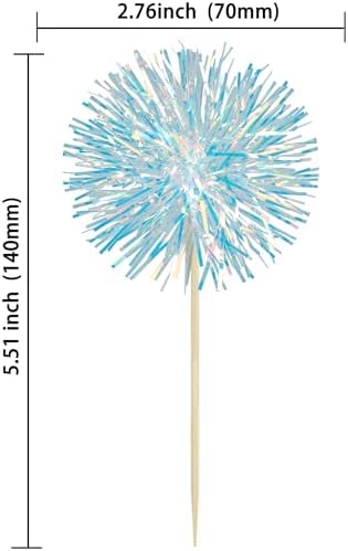 Ephlyn 30Pcs Foil Firework Cupcake Toppers Party Birthday Cake Toppers Supplies Sparkle Tinsel Cocktail Fruit Toothpick for Birthday Wedding Graduation Party Blue