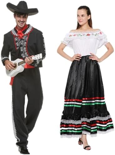 FantastCostumes Women Traditional Mexican Dress Lace Flower Senorita Costume Festival Party Spanish Dress