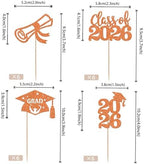 24 PCS 2026 Graduation Cupcake Toppers Glitter Class of 2026 Cupcake Picks Diploma Congrats Grad Cap Cake Decorations for 2026 Graduation Theme Party Supplies Orange