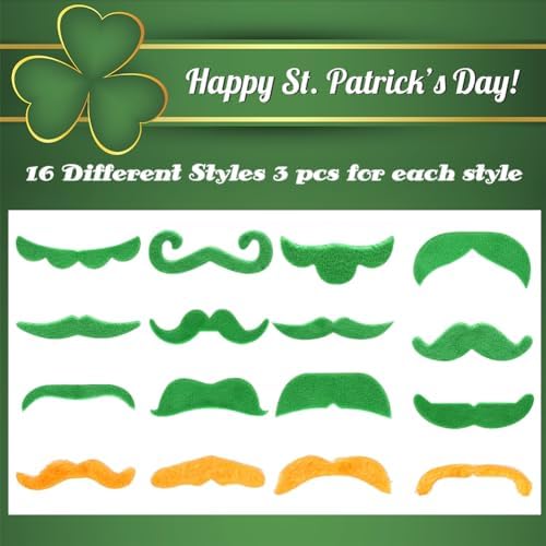 48 PCS St. Patrick's Day Fake Mustache Stickers Set, Self Adhesive Novelty Beard for Adults Irish Saint Patrick's Day Party Favors Cosplay Costume Supplies Decorations Accessories