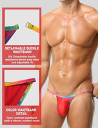 FEOYA Mens Briefs Triangle Bikini Satin Underwear Detachable Strap Colorful Waistband Bulge Pouch Briefs S-2XL