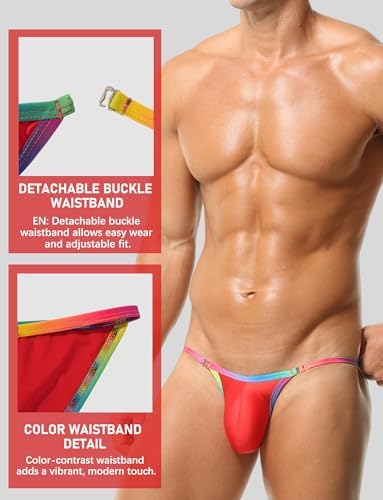 FEOYA Mens Briefs Triangle Bikini Satin Underwear Detachable Strap Colorful Waistband Bulge Pouch Briefs S-2XL