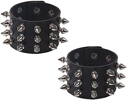 Fuqimanman2020 Punk Leather Spike Rivet Bracelets Set Faux Studded Cuff Bangle Goth Black Wristband Strap for Men Women Biker Halloween Party Deco Jewelry