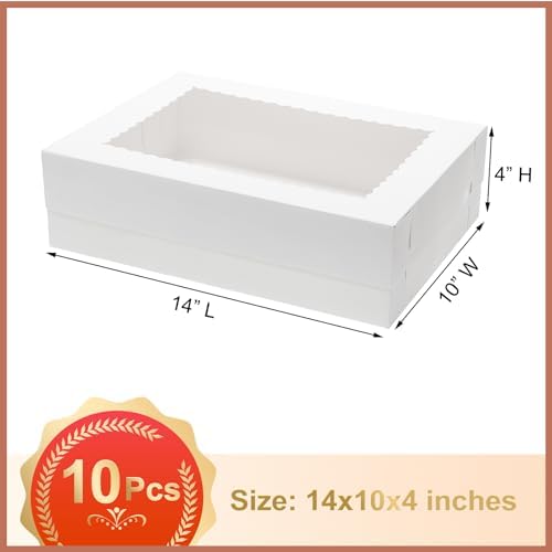 Mcfleet 10pcs 14x10x4 Cake Boxes with Window Rectangle Quarter Sheet Bakery Boxes for Pastry Baking Cake, Cupcakes, Donuts, Cookies, Pie Treat Packaging White Large