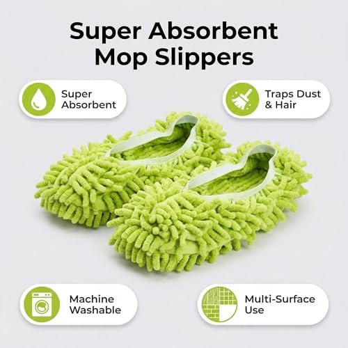 Mop Slippers Shoes 3 Pairs (6 Pieces) - Microfiber Cleaning House Mop Slippers Floor Cleaning Tools Shoe Cover Soft Washable Reusable Microfiber Foot Socks Floor Cleaning Tools Shoe Cover(Green)