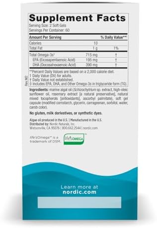 Nordic Naturals Algae Omega - 120 Soft Gels - 715 mg Omega-3 - Certified Vegan Algae Oil - Plant-Based EPA & DHA - Heart, Eye, Immune & Brain Health - Non-GMO - 60 Servings