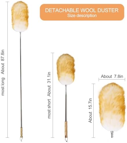 Extendable Lambswool Feather Duster 31-88 Inch, Anti-Static Wool Duster for Cleaning with Stainless Steel Pole - Ideal for High Ceilings, Fans, Interior & Roof (Yellow & White)