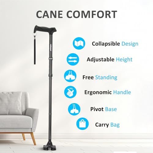 REHAND Walking Cane for Men & Women - Foldable, Adjustable, Lightweight, Self Standing Pivot Walking Cane, Soft Handle Grip, with Travel Bag, Walking Sticks for Seniors & Adults