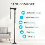 REHAND Walking Cane for Men & Women - Foldable, Adjustable, Lightweight, Self Standing Pivot Walking Cane, Soft Handle Grip, with Travel Bag, Walking Sticks for Seniors & Adults