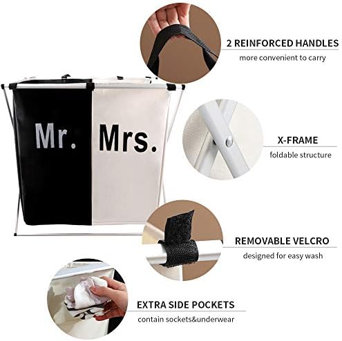 Nicesail Laundry Hamper 2 Section for Husband&Wife Parents or Couple, Clothes Basket Laundry Wedding Gift, Washing Storage Basket with Handle, Waterproof Bag Foldable Aluminum Frame Bathroom Bedroom