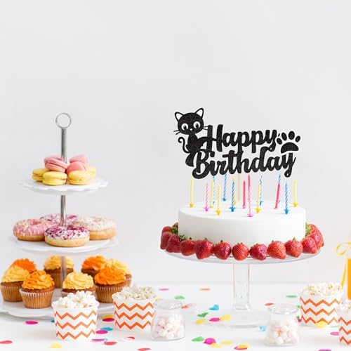1Pcs Cat Cake Topper – Black Glitter Kitten Birthday Decoration for Cat Lovers, Baby Shower, Kids Birthday, Wedding Party Supplies