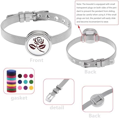 Essential Oil Diffuser Bracelet Aromatherapy Locket Adjustable Stainless Steel Rose Watch Chain Bracelet with 10 Pcs Refill Pads for Women