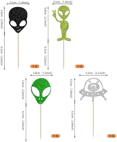24 Pack Alien Cupcake Toppers Glitter Space Invaders Outer Space UFO Cupcake Picks for Kids First Birthday Astronaut Gender Reveal Cake Decorations Party Supplies Black Green