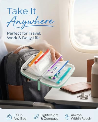 A8 Waterproof Pill Organizer Set, Waterproof Pill Pouch Set, Travel Medicine Organizers with 14 Color-Coded Pouches, Leakproof Reusable Zippered Storage Case, Compact Daily Pills Holder(Blue)
