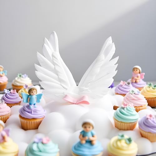 5 Pcs White Angel Wing Cake Toppers Feather Cupcake Topper Happy Birthday Party Cake Decor Baby Shower Cupcake Toppers Anniversary Wedding Cake Decorations