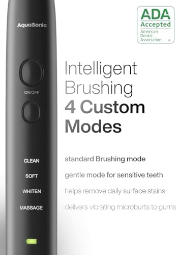 Aquasonic Black Series Ultra Whitening Toothbrush – ADA Accepted Electric Toothbrush- 8 Brush Heads & Travel Case – 40,000 VPM Electric Motor & Wireless Charging - 4 Modes w Smart Timer