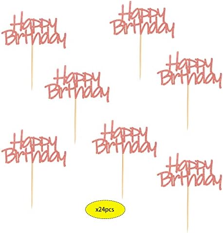24pcs Happy Birthday Cupcake Toppers Pre-Assembled Rose Gold Glitter Cake Food Fruit Picks for Celebrating Birthday Party Decoration Supplies