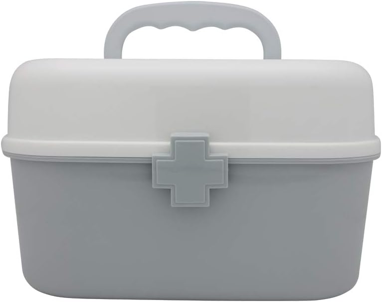 BangQiao Plastic First Aid Storage Box Container Bin with Removable Tray and Portable Handle, Family Emergency Medicine Kit Case Organizer, White&Gray