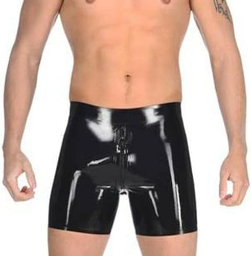 Men Black Latex Shorts Half Pants Front Crotch Zipper with Red Anus Anal Condom Middle Trousers Tight High Elastic