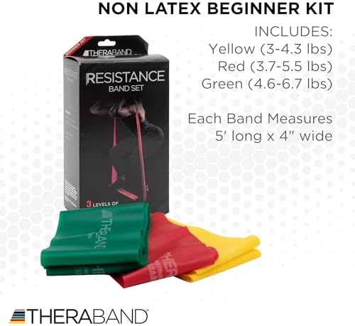 THERABAND Resistance Bands Set, Beginner Kit, Yellow, Red, Green, Non-Latex Elastic Bands for Exercise & Physical Therapy, Strength Training Bands for Upper & Lower Body Fitness