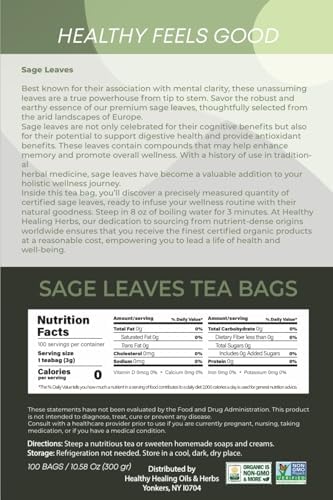 Healthy Healing Herbs Organic Sage Leaf Tea Bags – 100 Count | Pure Aromatic Herbal Tea | Naturally Caffeine-Free