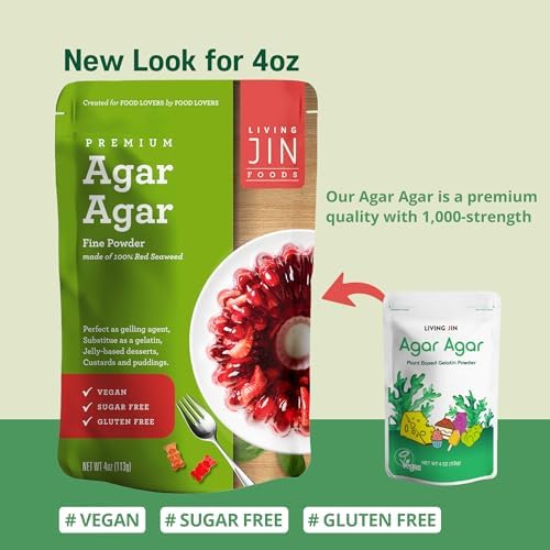 LIVING JIN Agar Agar Powder, 4 oz. Kosher, Plant-Based Gelatin Powder, Vegan Agar Agar, Vegan Jello, Sugar-Free, 100% Natural Red Algae