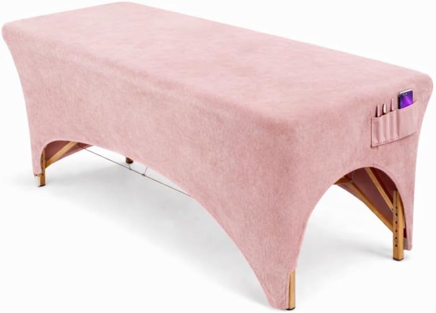 Pink Velvet Massage Table Sheet Cover – Stretchy Lash Bed & Massage Table Cover with Leg Cut-Out & Pocket – Fits 72–77” Tables – Spandex, Machine Washable