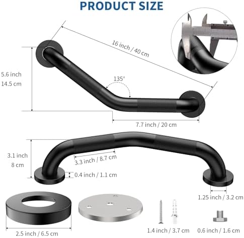 16 Inch Angled Shower Grab Bar Black, Munzong 2 Pack Anti Slip Bathroom Grab Bar, Knurled Bathroom Balance Bar,Safety Hand Rail Support Handicap Elderly Injury Senior Assist Bath Handle-1.25” Tube