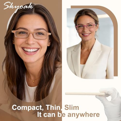 SKYOAK 2 Pack Ultra Thin Lightweight Folding Reading Glasses for Women, TR90 Compact Anti Blue Light/Eyestrain Computer Readers, Foldable Unique Stretchable Slim Flat Case, Rose and Pink +1.0
