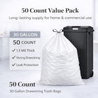30 Gallon Drawstring Trash Bags, 50 Count, 1.3 Mil Extra Strong White Large Garbage Bags, Unscented Trash Liners for Kitchen, Office & Everyday Yard Cleanup, Fits 100-115L Cans