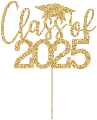 Class of 2025 Cake Topper, Congrats Grad Decorations, 2025 Grad Decor, Congratulations, High School College Graduation Party Decorations (Gold Glitter)