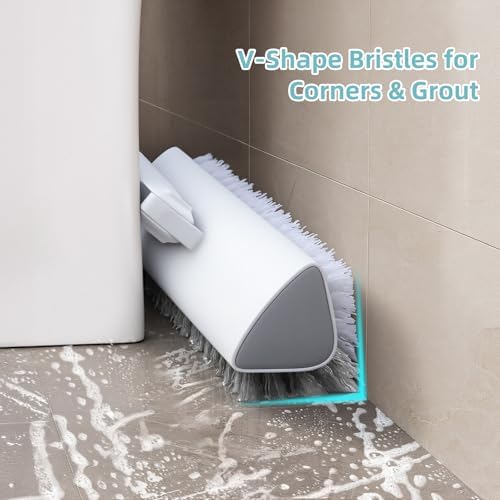 MOPALL Floor Scrub Brush with Long Handle 55", Dual-Sided Stiff Bristle Grout Brush with 180° Rotatable V-Shape Head, Heavy Duty Shower Cleaning for Bathroom Tile, Patio, Deck, Garage, Pool & Corner