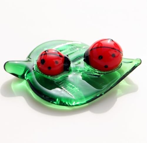 Mini Crystal Green Leaf Glass Ladybug:Decor Insect Statue Decor Room Ornament Hand-Blown Glass Collectible Figurines