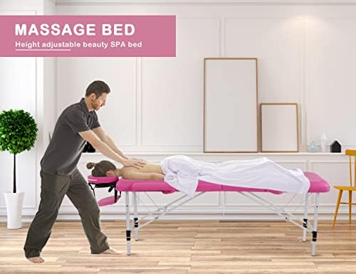 Portable Massage Table Folding with Free Accessories, Wooden/Aluminum 84" Bed 2" Cushion 2/3 Section Massage Spa Bed,Height-Adjustable Salon Bed… (Aluminum Pink 2 Section)