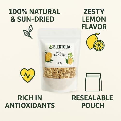 Blentolia Dried Lemon Peel – 100% Natural, Sun-Dried, Zesty Lemon Flavor – Ideal for Herbal Teas, Baking, Cooking & DIY Skincare – 160g Resealable Pouch