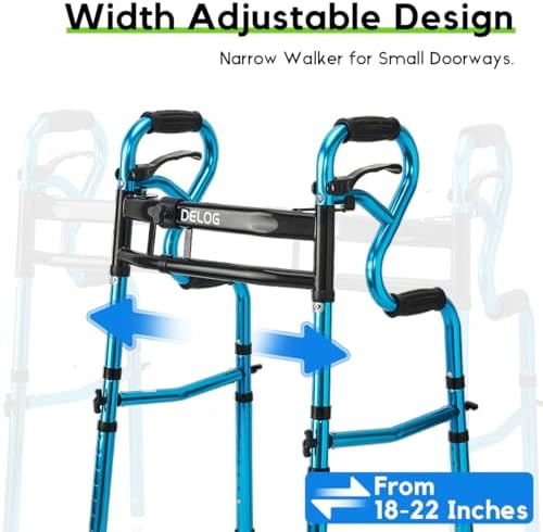 Delog Narrow Folding Walker for Seniors, 3 in 1 Folding Walker with 5” Front Wheels Width Adjustable Compact Standard Walker Support Up to 350lbs (Blue)