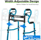 Delog Narrow Folding Walker for Seniors, 3 in 1 Folding Walker with 5” Front Wheels Width Adjustable Compact Standard Walker Support Up to 350lbs (Blue)