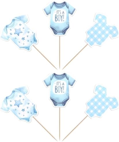 36 PCS Bodysuit Cupcake Toppers Double Sided It's a Boy Cupcake Picks Blue Gingham Theme Party Decorations for Boys Kids Birthday Gender Reveal Baby Shower Party Cake Decorations Supplies