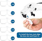 Head Magnifying Glass with 4 LED Lights, Rechargeable Head Magnifier with 5 Detachable Lenses 1X, 1.5X, 2X, 2.5X 3.5X - Hands Free Lighted Magnifier Glass for Jewelry, Crafts, Cross Stitch