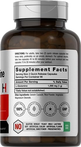 Horbaach L Glutamine Capsules 1000mg | 180 Powder Pills | Supplement for Women and Men | Pre Workout & Post Workout | Non-GMO & Gluten Free