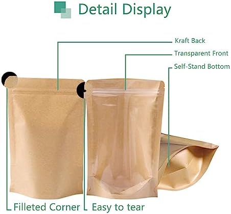 50pcs Kraft Bags With Window Clear Fornt Pouches Resealable Stand Up Zip Lock Food Storage Bags Brown 3.5"x5.5"