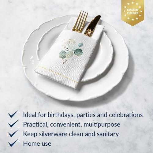 PAW - Linen Feel Napkins with Built-in Flatware Pocket, Airlaid Paper Pre-Folded Napkins for Silverware, Wedding Party, Dinner, Birthday, Gatherings, Golden Eucalyptus Design, 50 Count