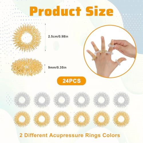 24 Pcs Acupressure Rings, 12 Colors Finger Massager Silent Spiky Sensory Rings Fidget Sensory Massager Stocking Stuffers Gifts for Women Men Office Home Fingers Stress(Gold Silver)