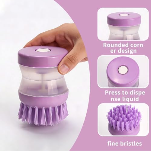 2 Pack Soap Dispensing Dish Brush, Kitchen Scrub Brush with Liquid Dispenser, Non-Scratch Palm Scrubber for Pots Pans Sinks, Durable Bristles Cleaning Tool, Green & Purple (Colors May Vary)