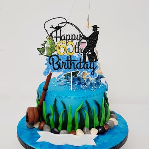 Fishing Happy 60th Birthday Cake Topper - Man Fisherman Theme Cake Decor - Fisherman 60 Years Old Party Decorations - Gone Fishing Themed 60th Birthday Party Supplies