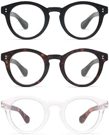 AMOMOMA 3 Pack Classic Round Reading Glasses for Women Men,Retro Blue Light Computer Reader Frame AM6142