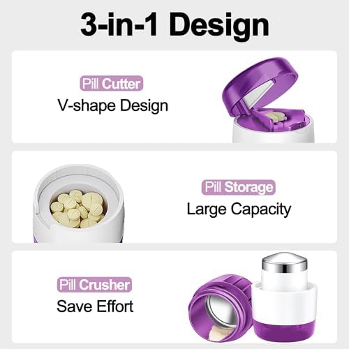 DUBSTAR 3-in-1 Pill Crusher Pill Grinder, Pill Crusher Fine Powder with Brush, Pill Crushers for Elderly with Pill Cutter and Storage, Pill Cutter Splitter for Small or Large Pills (Purple)