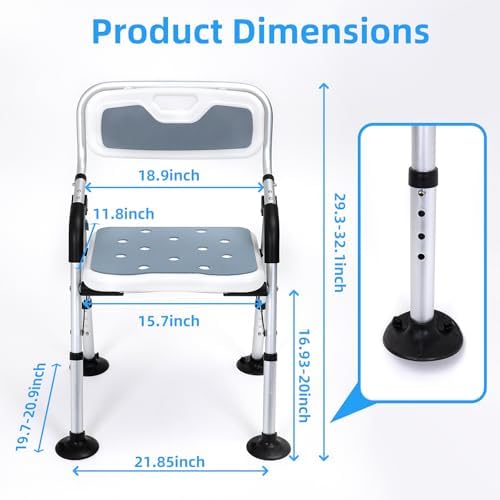 Shower Chair for Inside Shower,Foldable Shower Chair for Elderly and Disabled, Adjustable Height Chairs with Padded Arms and Back for Bathroom,Compact and Comfortable，Regular Standard